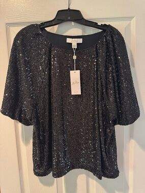 NEW Lilly Pulitzer Black Sequin Puff-Sleeve Top- XL